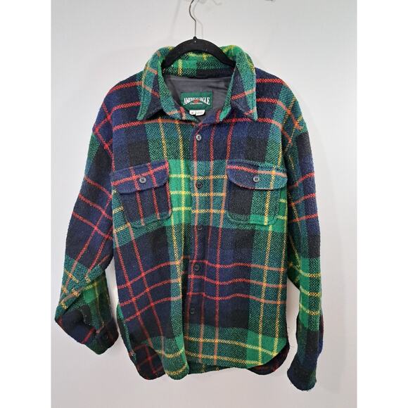 American Eagle Vintage Men's Green Plaid Button-up Small Wool Heavy Duty Flaw - Picture 1 of 7